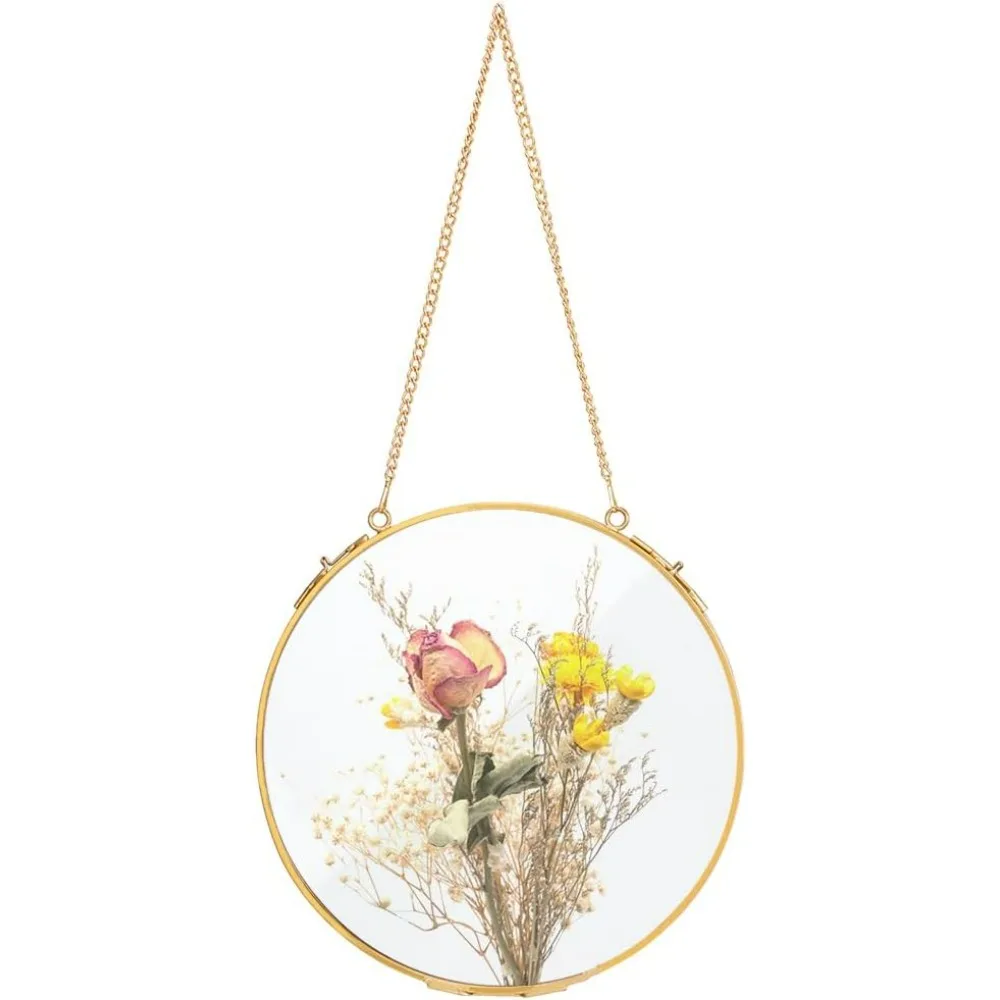 1Pcs 7.8 Inches Hanging Glass Floating Photo Frame Pressed Flowers Frames Round Wall Hanging Metal Frame for Dried making kit