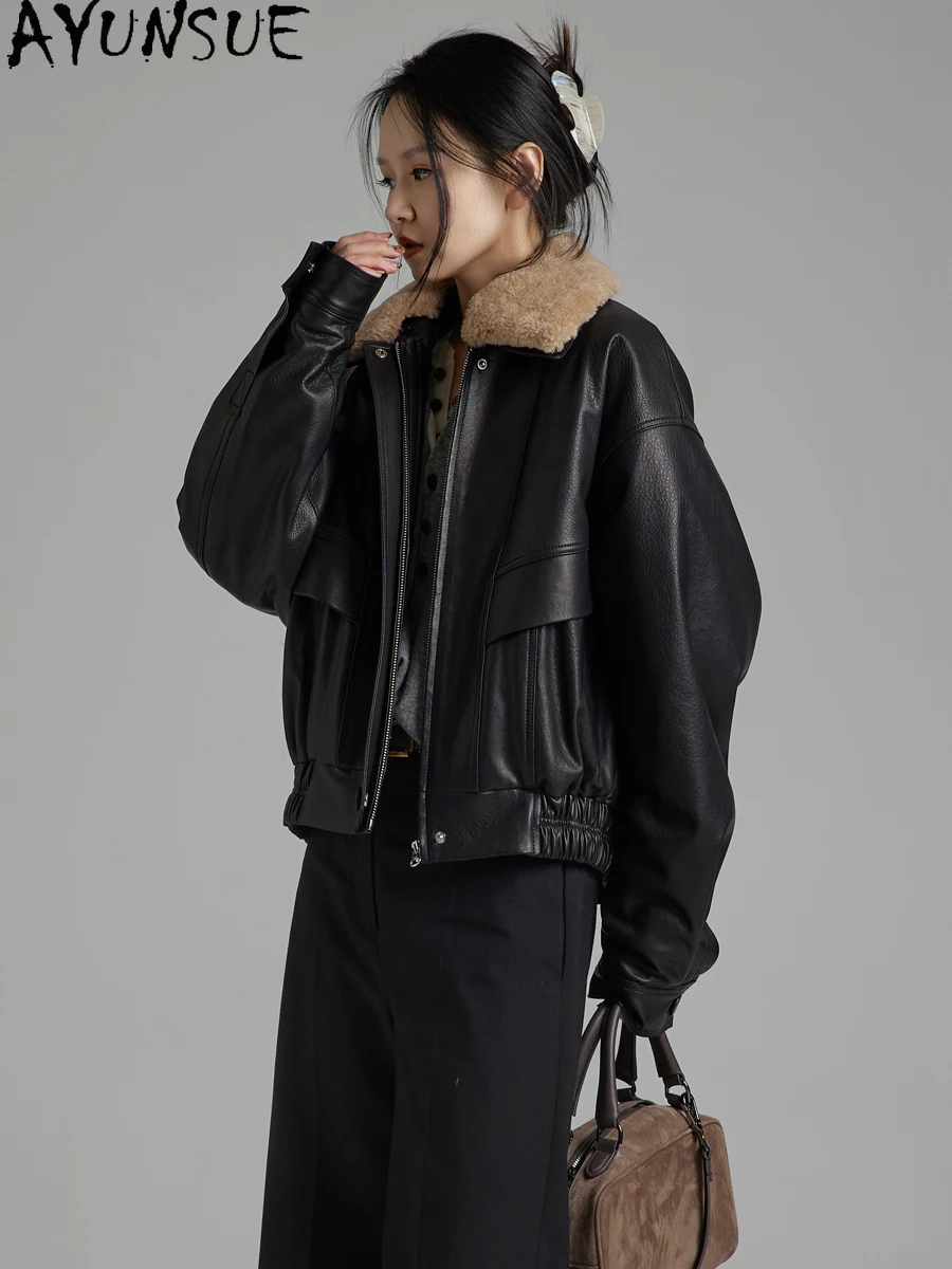 AYUNSUE Top Qualität Echtes Leder Jacke Frauen 2025, Echt Schaffell Frau Mantel Winter Herbst Kleidung Wolle Pelz Kragen Abnehmbare