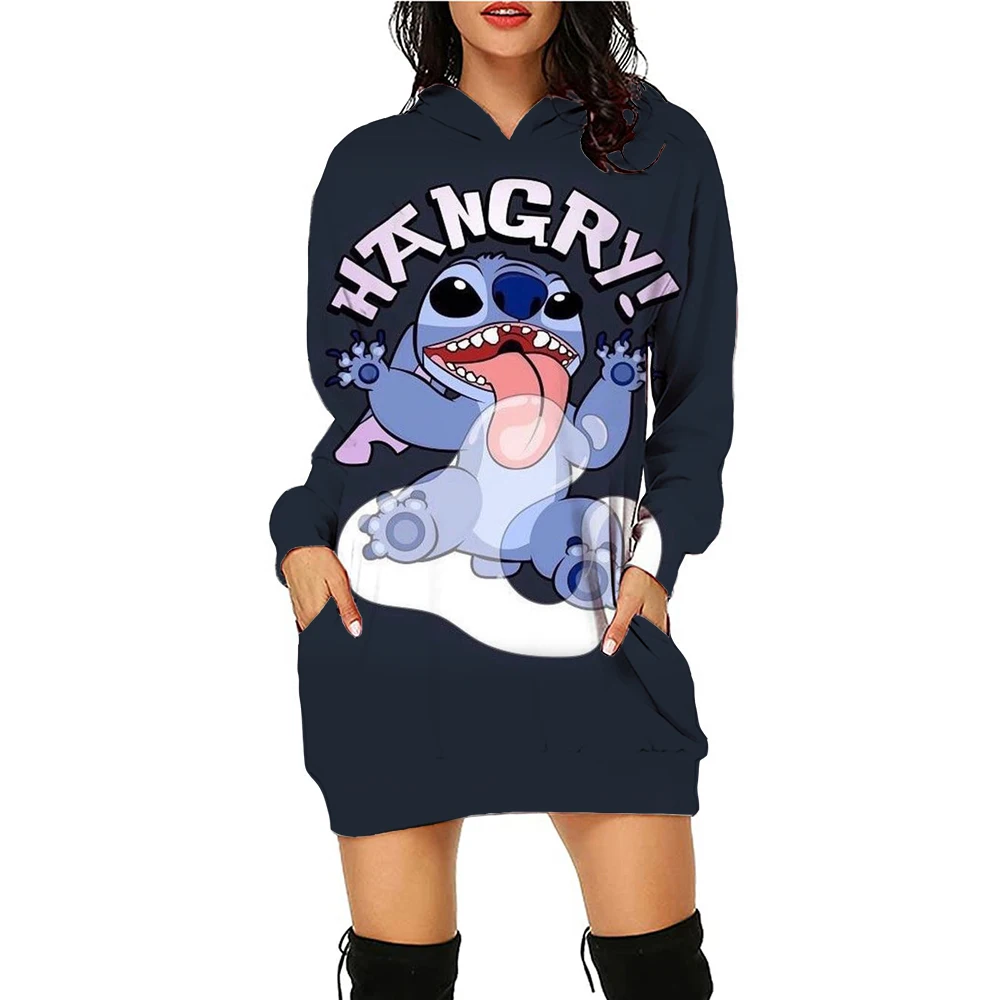 Disney's Lilo&Stitch Damska bluza z długim rękawem na imprezę Sukienka z kapturem Świąteczny nadruk Sukienka do kolan Zimowa moda Casual Loose Mini D