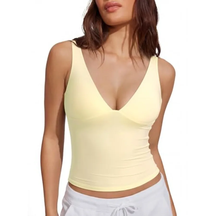 

SUUKSESS Women Sexy V Neck V Back Tank Top Summer Sleeveless Going Out Double Lined Basic Tops