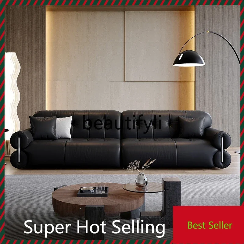 A71 Italian retro leather sofa black straight row first layer cowhide brown sugar cloud sofa