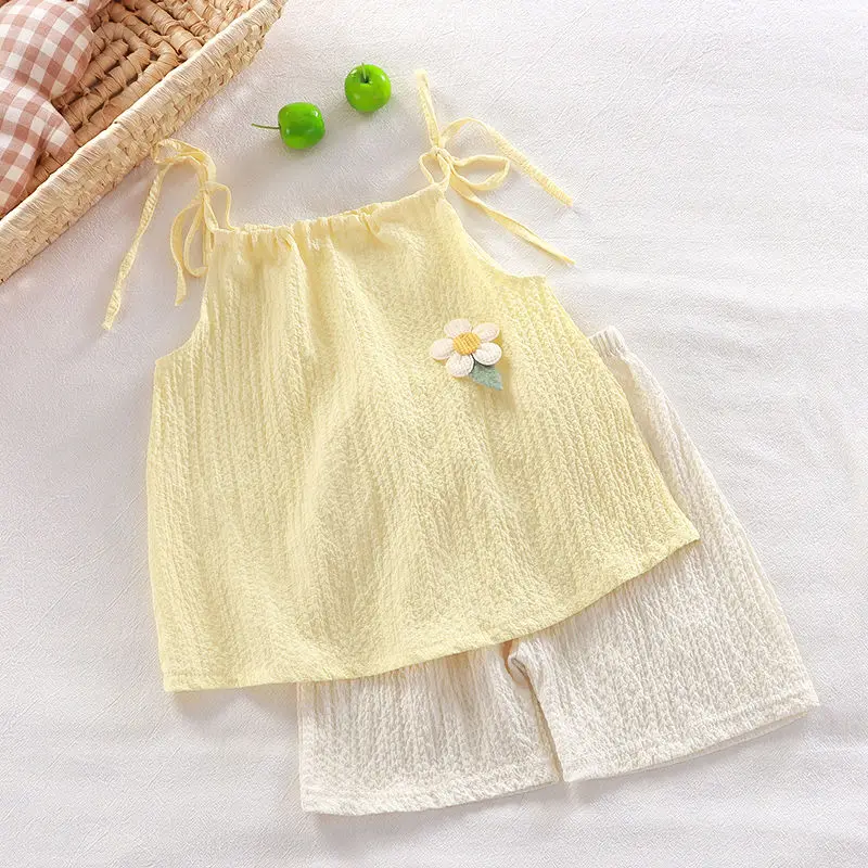 Children's Clothing Sets Floral Embellished Halter Top + Shorts 2pcs Sets Baby Girl Clothes  Kids Clothes Girls Outfit Sets image 3