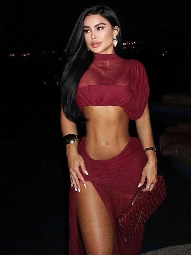 

Sexy Prom Dress 2 Pieces Skirt Set Full Sleeves Short Top Bra+Party Gown Casual Formal Wedding Guest Birthday Evening Robe