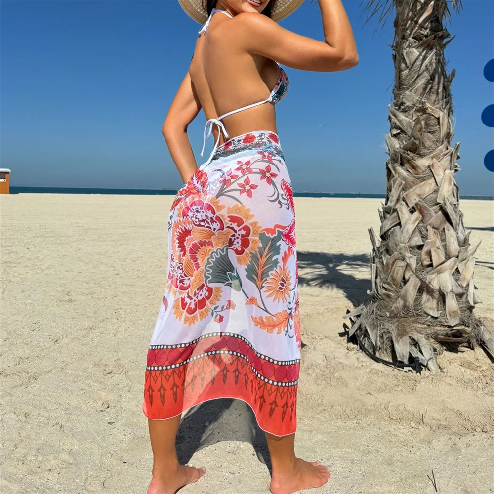 مثير طباعة الأزهار بيكيني شبكة ضمادة التستر الرجعية سلسلة الدانتيل متابعة ملابس السباحة عارية الذراعين النساء 3 قطعة الشاطئ مجموعة عطلة ملابس السباحة #2