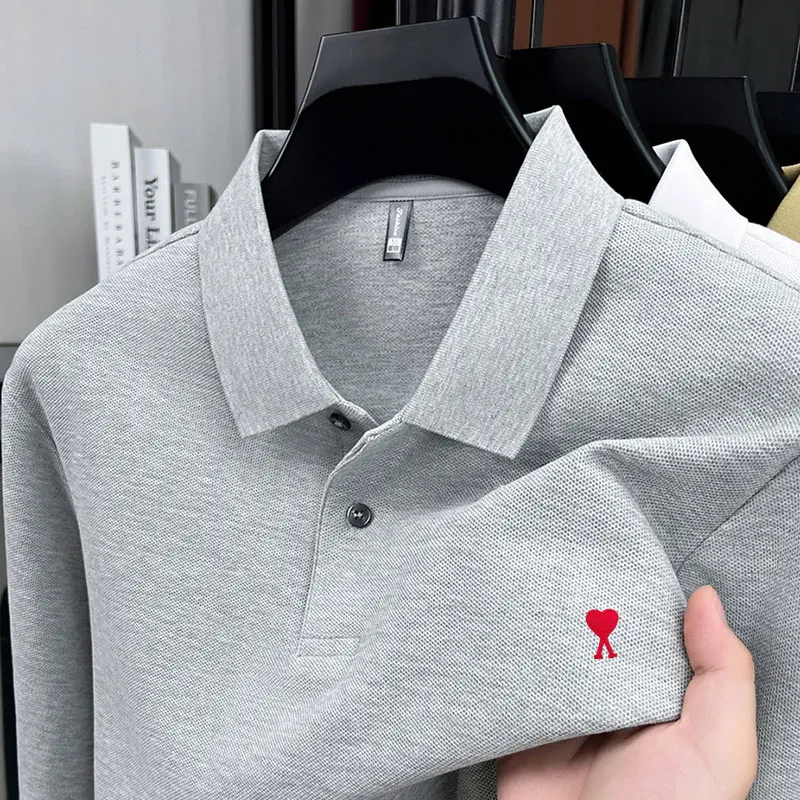 2025 nueva marca Premium para hombres 100% Polo bordado de algodón puro manga larga otoño negocios camiseta Casual suelta