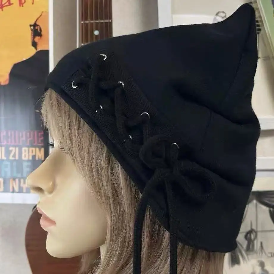 Retro Gothic Y2K Cat Ear Hat Black Cross Embroidery Side Lace Up Punk Alt Dark Street Style Beanie Headwear