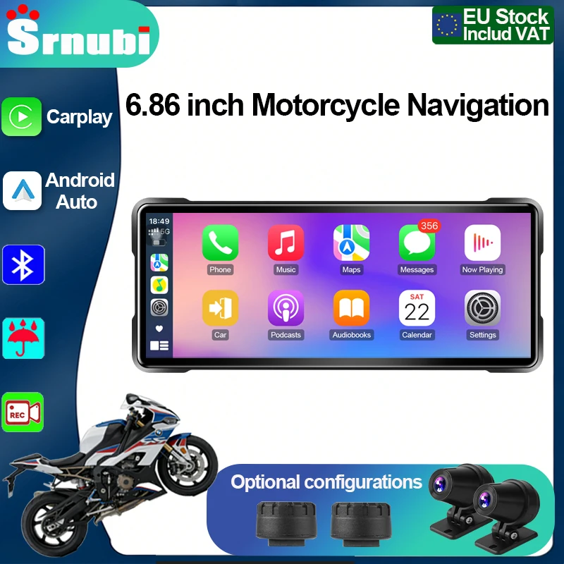 Srnubi 6,86 Zoll tragbarer Motorrad-DVR, kabelloses Carplay, Android Auto Mirror Link, IP67 wasserdichter Monitor, BT5.0, GPS-Navigation