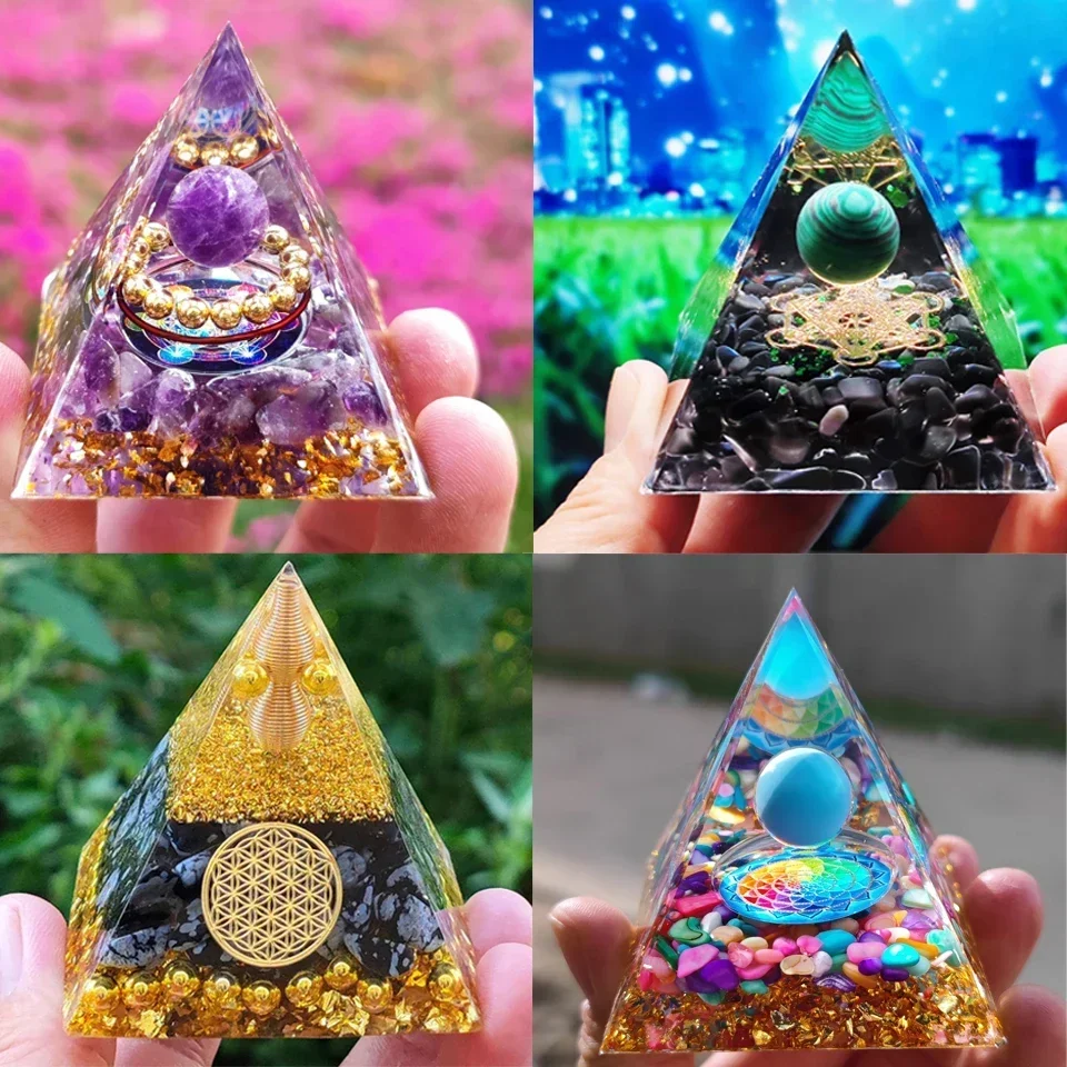 Stock 28style Energy Pyramid Orgonite Reiki Natural Amethyst Ball Healing Crystals Chakra Tool Ornaments Resin Stones Craft Gift
