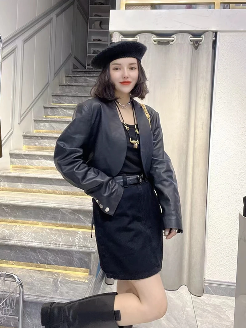 Abrigo largo Jaet de cuero ajustado para mujer, abrigo de piel auténtica de piel auténtica, diseño coreano Sle, principios de otoño 2024