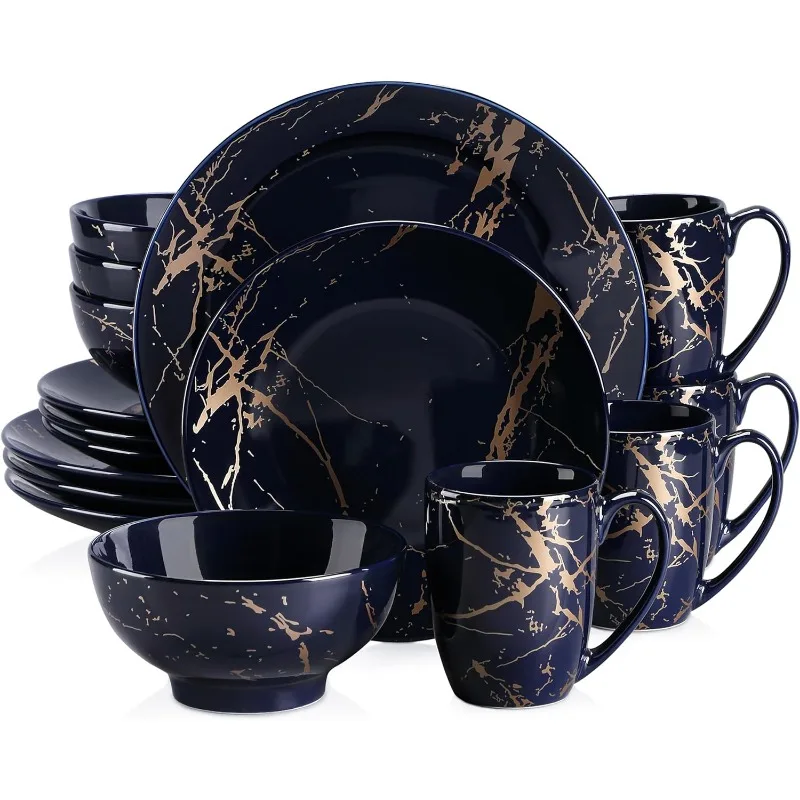 Black Plates and Bowls Sets for 4, Porcelain Dinnerware Sets 16 Piece Gold Splash Glaze Ceramic Dish Set, Round Dinner Set