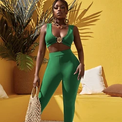 Factory Wholesale women's Wear Green V-Neck Bandage Top&trousers Elastic Skinny Sexy Two Piece Set Celebrity Party Sets