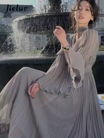 Jielur New Women's French Elegant Ruffle Irregular Long Dress Korean Fashion Fairy Pleated Party Evening One Piece Dress Spring