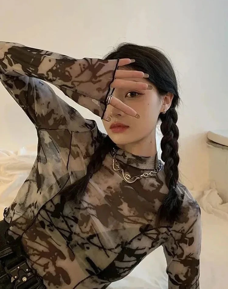 

Long Sleeve T-shirts Women Tie-dye Printed Summer Sun-proof Cropped Tops Fashion High Street Gauze Korean Style