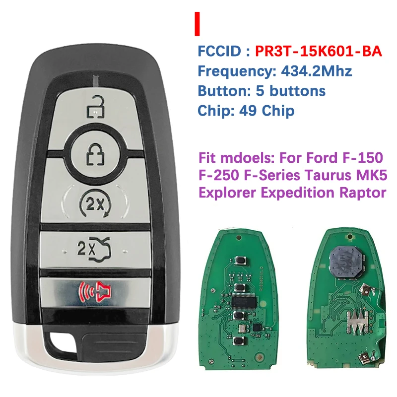 

CN018127 Aftermarket 5 Button Smart Key For Ford Remote Frequency 434.2 MHz Transponder HITAG PRO Chip Part No JL1T-15K601-EC