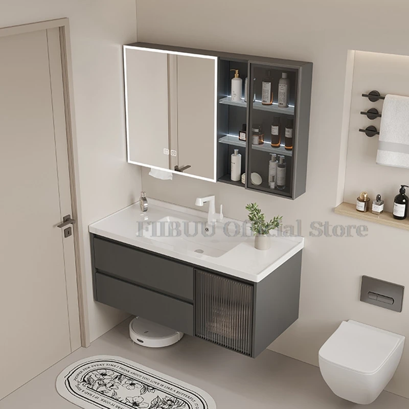 Mobiletto del bagno con lavabo in ceramica con specchio e lavabo mobile da bagno a parete mobile portaoggetti integrato