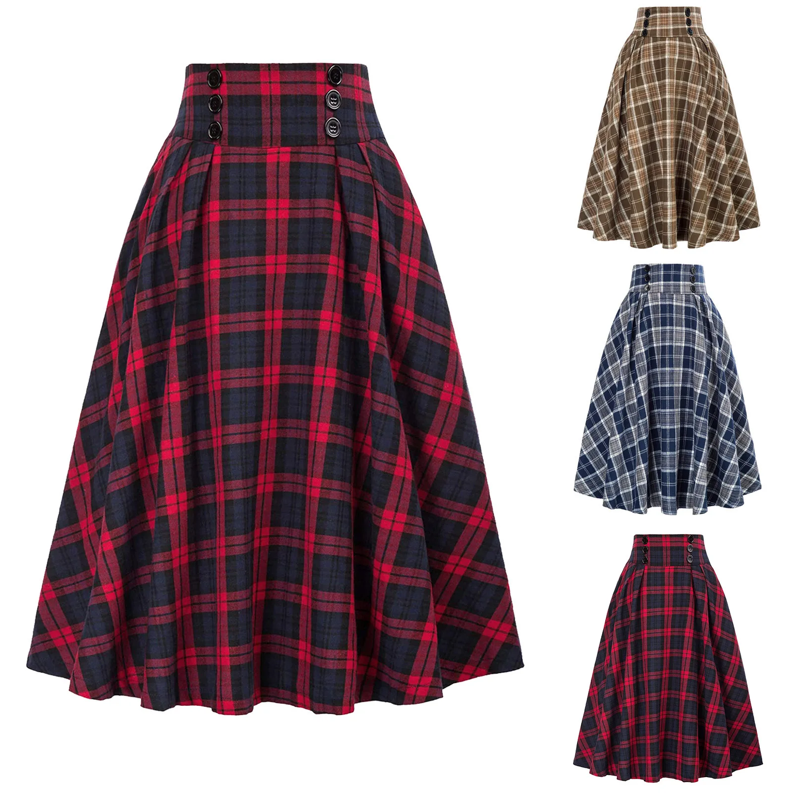 Vintage Pleated Plaid Skirt  Autumn Winter High Waist Korean Style Preppy Midi Skirts Button Decoration Plus Size Skirt