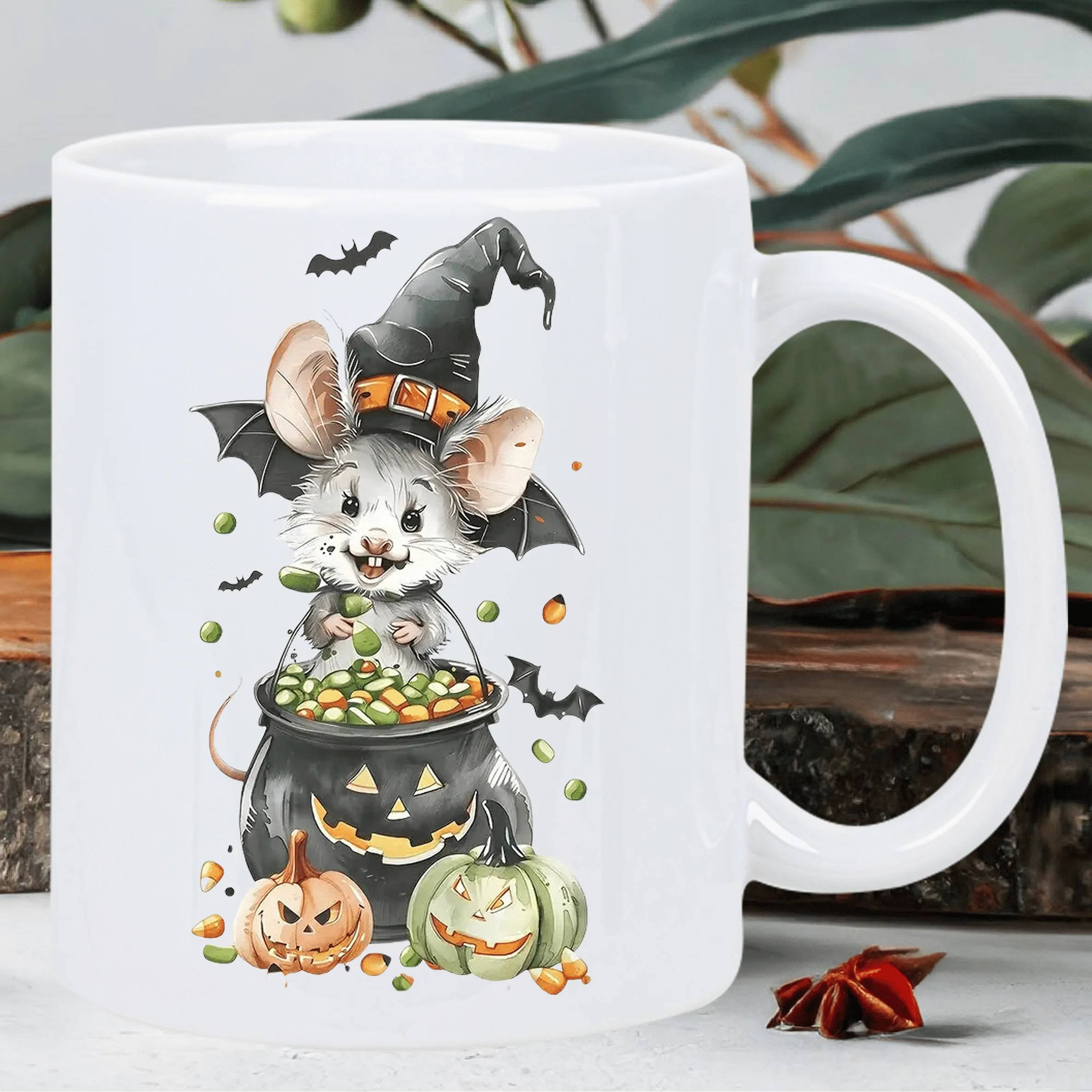 

Симпатичная керамическая кружка с мышкой на Хэллоуин — праздничный дизайн ведьмы с тыквой и летучими мышцами, идеальный подарок для любителей кофе и чая