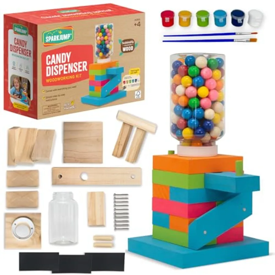 Kit de Carpintería para Dispensador de Dulces, Kit de Construcción STEM Completo con Madera Certificada FSC, Pinturas y Herramientas, Máquina de Chicles DIY