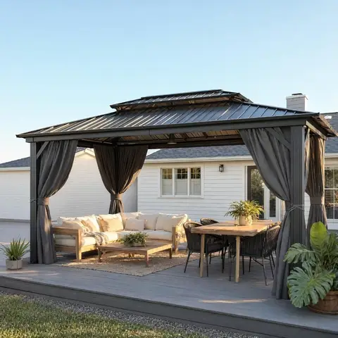 10x15 Hardtop Gazebo On Clearance with Galvanized Steel Double Roof,Heavy Duty Gazebo with Flame-Retardant Curtain, Customized