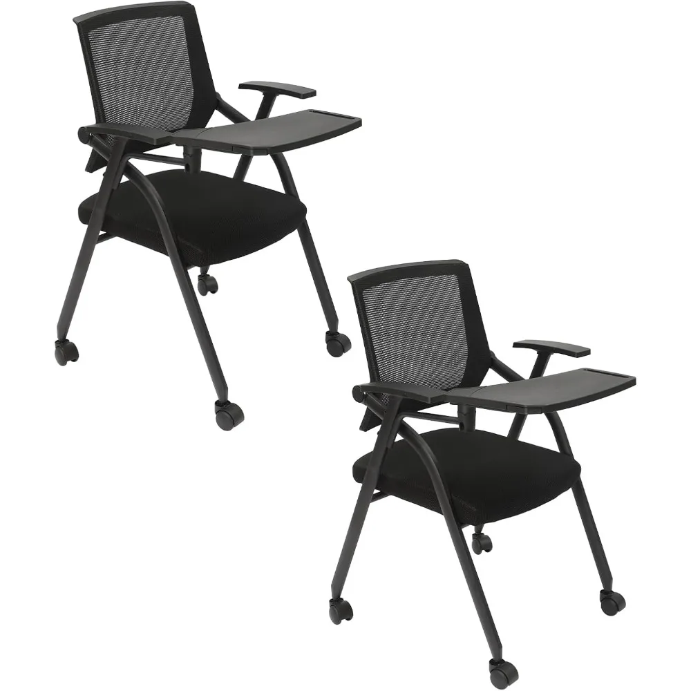 

2 Pcs Foldable Conference Room Chair, Stackable Tablet Arm Chair with Wheels, Ergonomic Lumbar Support & Thickened Sponge Seats