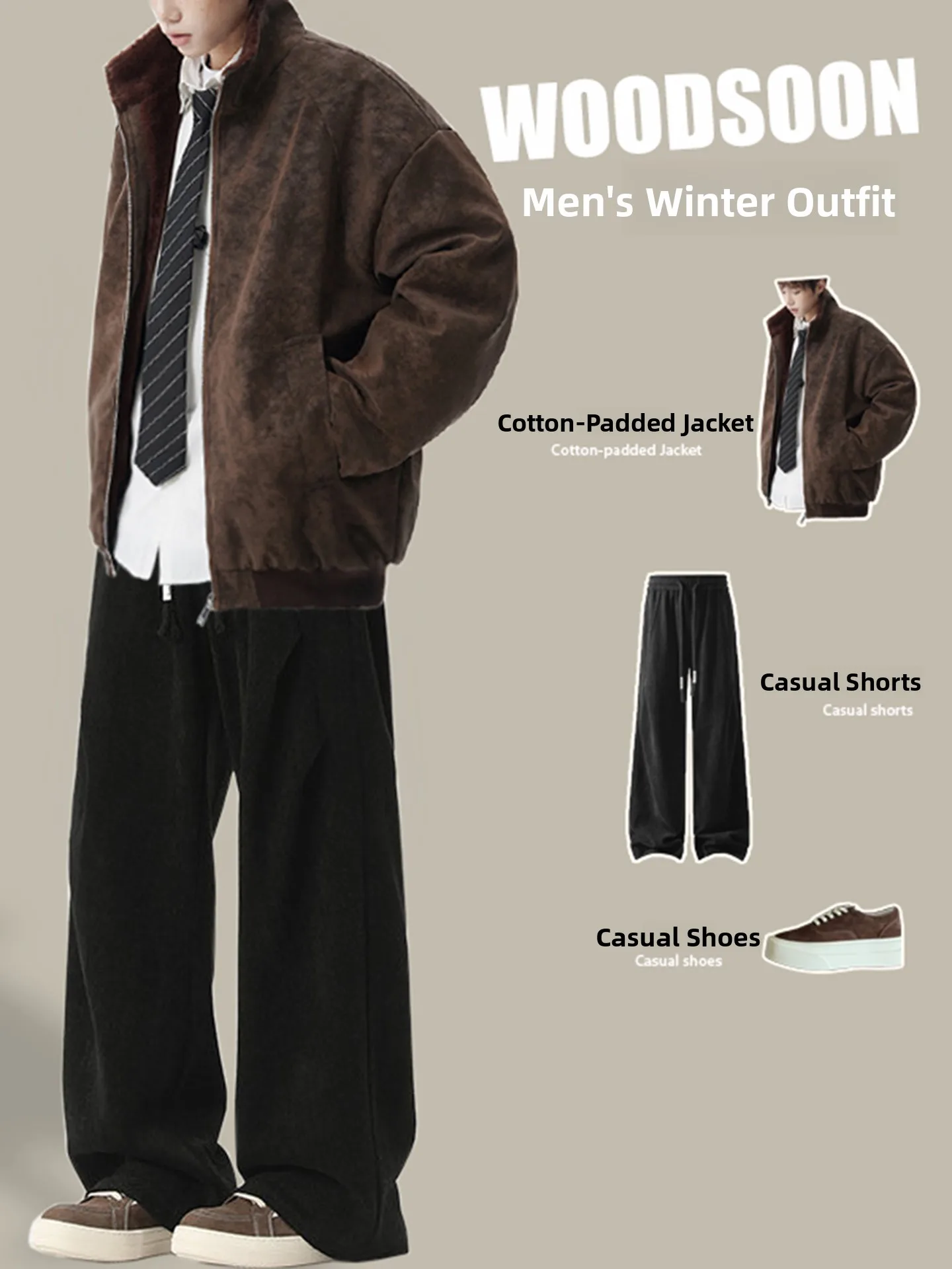 Setelan Pakaian Musim Dingin Pria Trendy dan Keren dari Katun dengan Kerah Berdiri dan Lapisan Bulu Imitasi Amerika