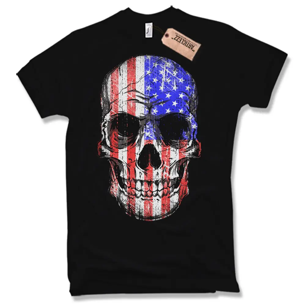 Hot Rod Biker Stars Stripes American Flag Skull T-Shirt. Summer Cotton Short Sleeve O-Neck Mens T Shirt New S-3XL