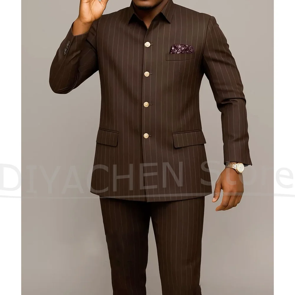 Dark Brown Striped Men Suits Stand Collar Single Breasted Clothing 2 Piece Fashion Daily Office Business Casual Male Suit