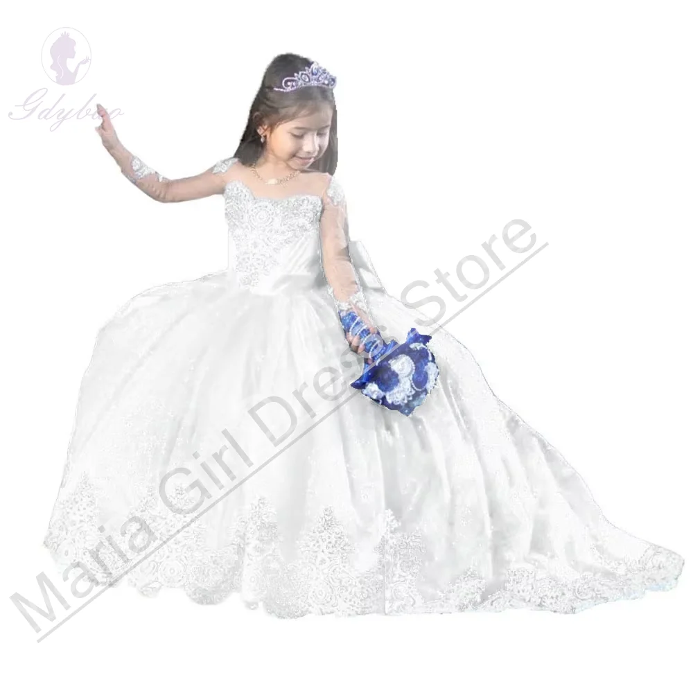 

White Lace Elegance Flower Girl Dresses Long Sleeves Round Neckband Princess Pageant Kids Party First Communion Gown