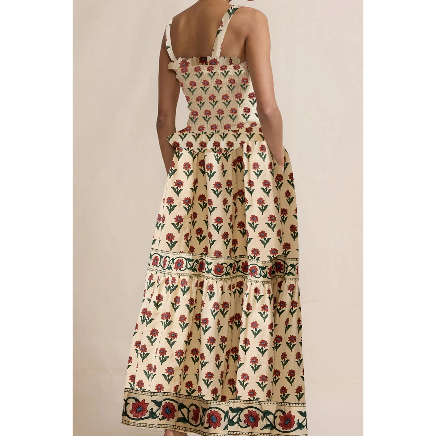 2025 nova coleção feminina flor impressão vestido longo sem mangas fino ajuste bodycon em camadas vestido de verão vestido justo casual