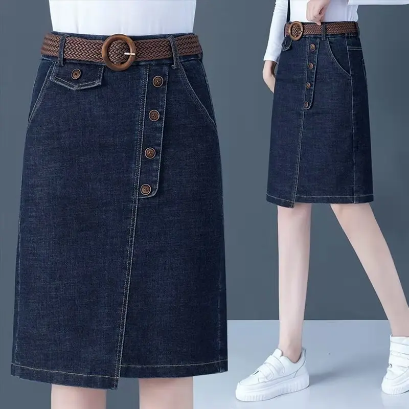 

High Waist Mid-Length Denim Skirt for Women Slit Casual Fashion One-Step Spring New Style Korean Style Button Design A-Line S...
