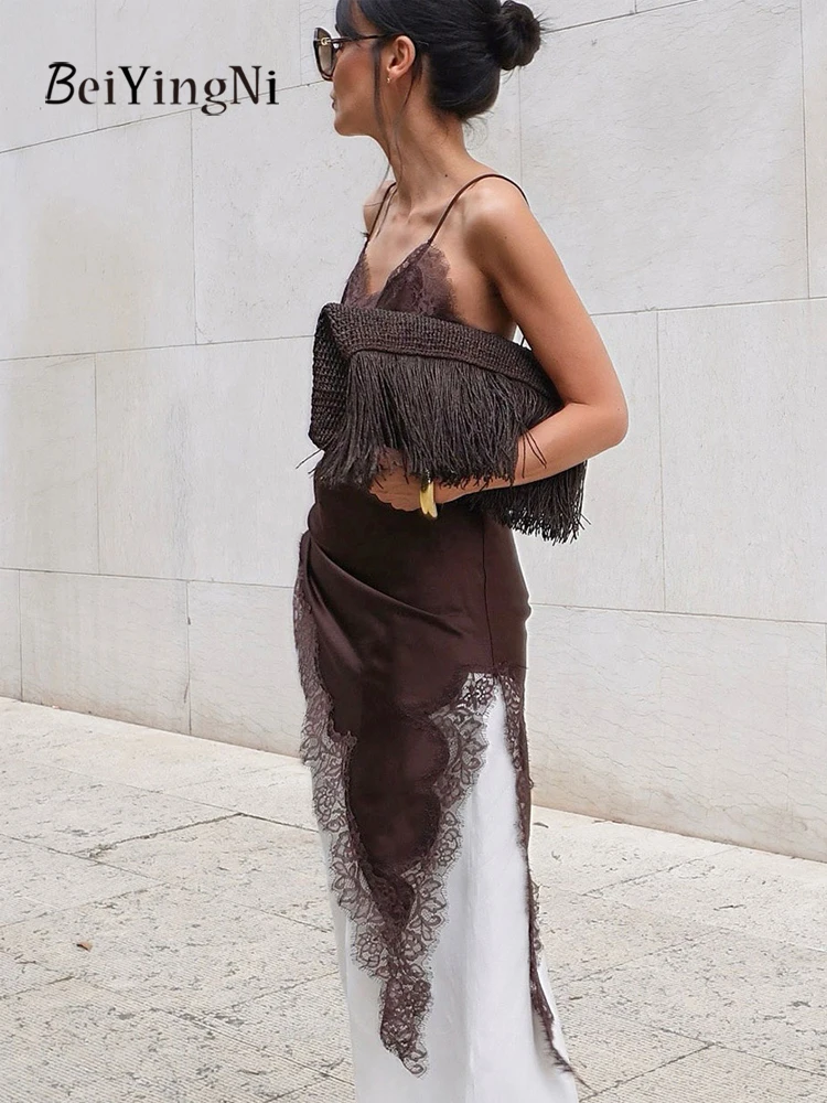 ベイインニ 2025 新ファッション レディース サテンレースドレス スリット入り エレガント カジュアル スパゲッティストラップ セクシーワンピース 女性用 Vネックドレス