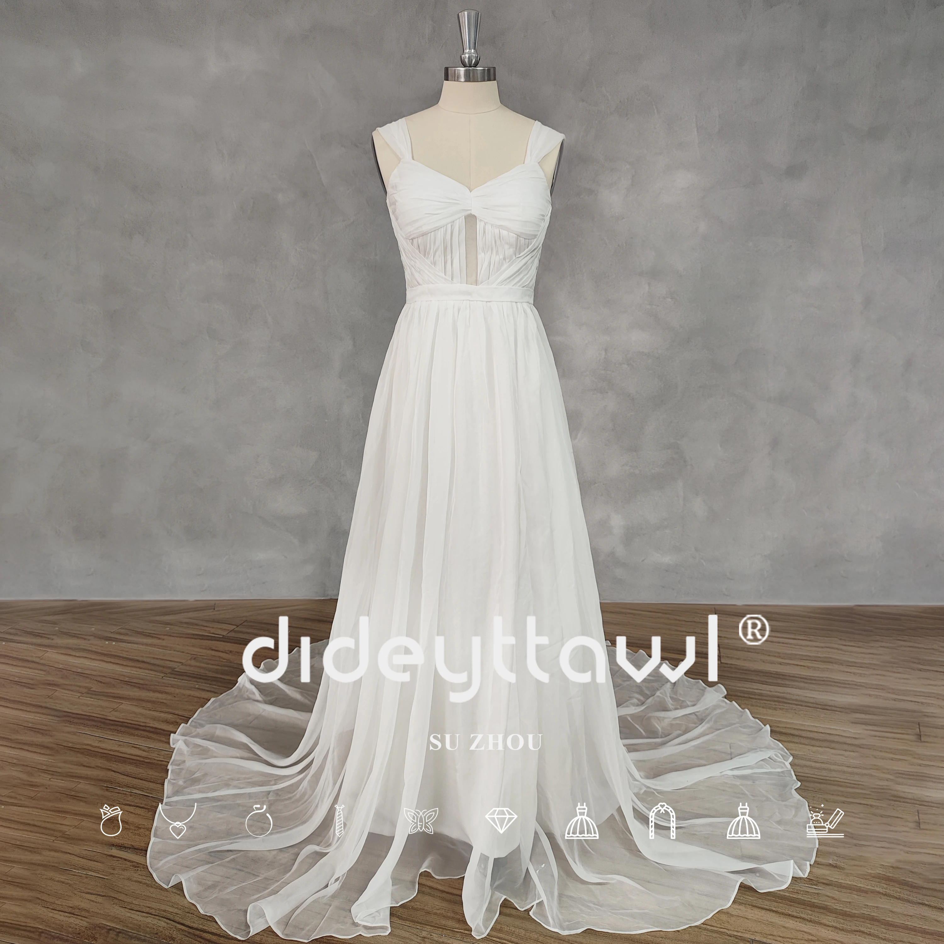 DIDEYTTAWL Real Picture V-Neck Pleats A-Line Cut Out Chiffon Wedding Dress Open Back Court Train Bridal Gown Custom Made