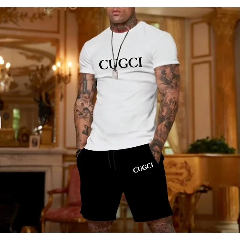 

Summer men's casual short-sleeved T-shirt and shorts sports outfit - comfortable printed lightweight quick-drying set