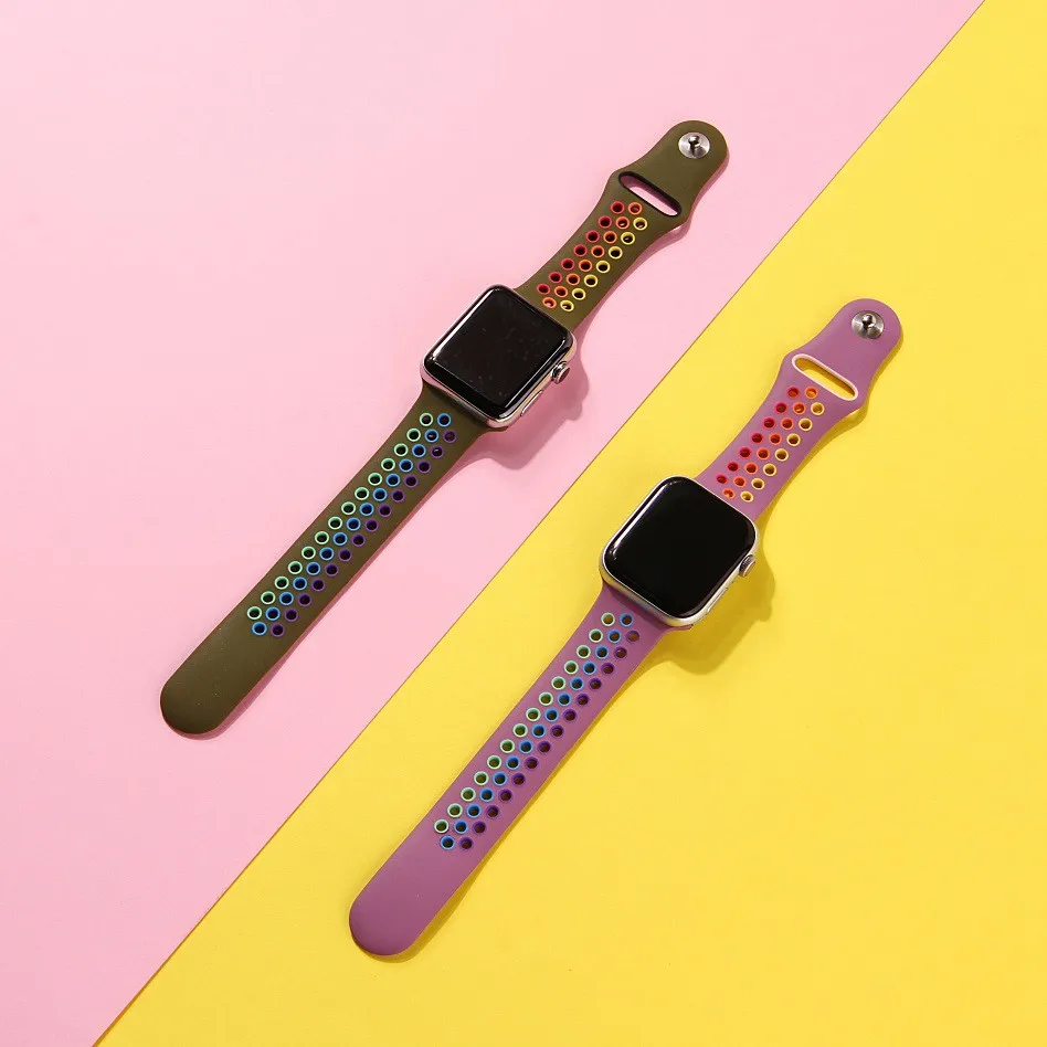 ชุดนาฬิกา Apple 6/SE/5/4/3/2/1 Breathable สายรุ้งสีสันซิลิโคนสำหรับ iwatch 40มม.44มม.38มม.42มม.