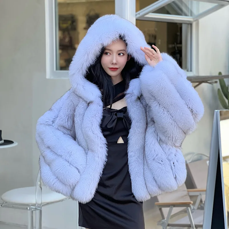 2023 WInter Women Real Blue Fox Fur Coats Whole Skin Genuine Loose bat sleeves Fox Hooded Fur