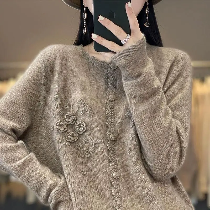 Spring Autumn Knitted Cardigans Cashmere Women Sweater Jackets Crochet 3D Floral O-neck New Arrival Knitwear Soft Wool Coat X257