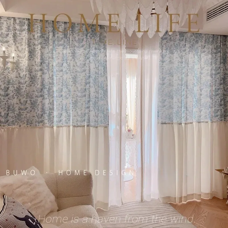 

French Cotton Luxury Custom Size Curtains for Living Dining Room Bedroom Balcony Printed Balcony Floating Window White Tulle