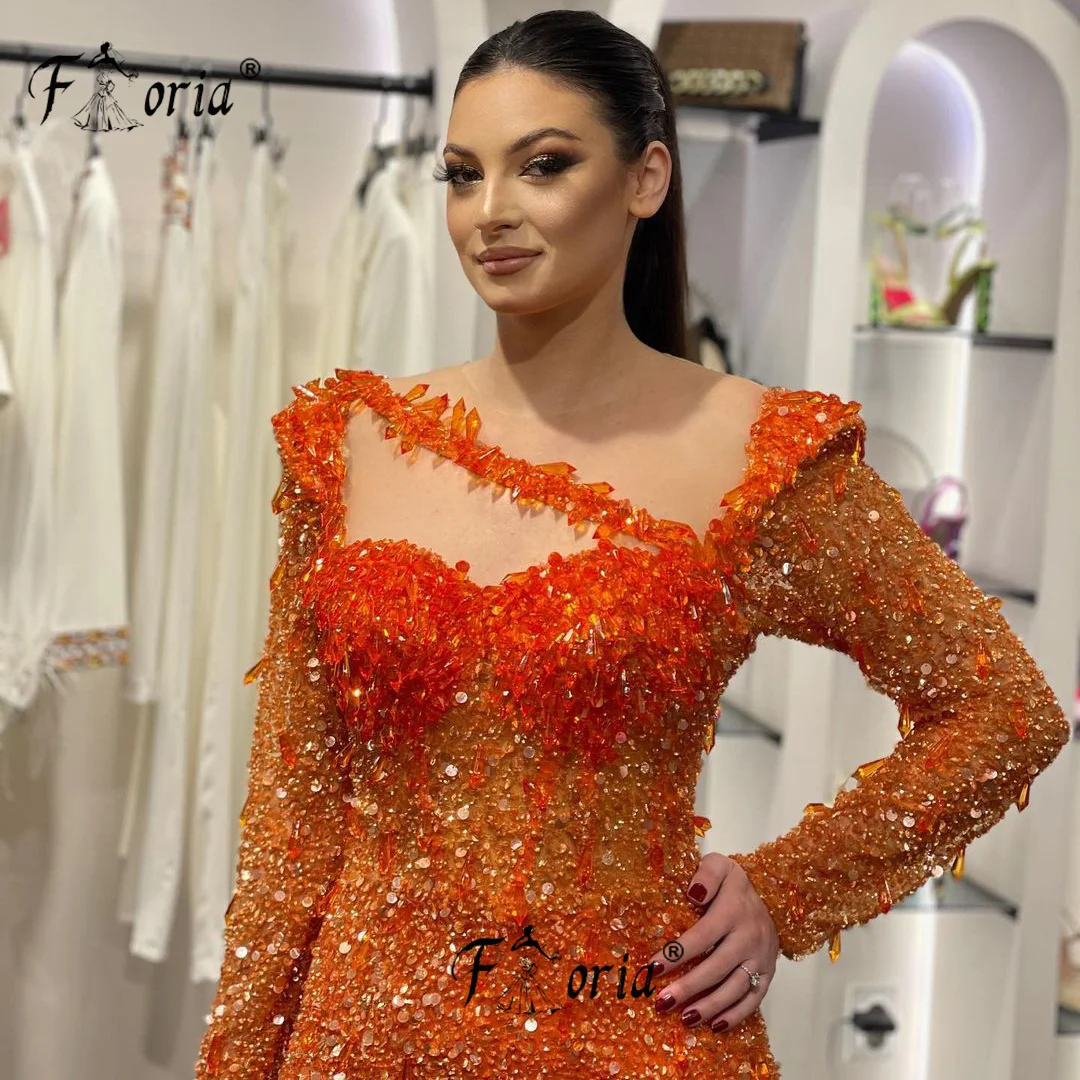 Luxury Orange Beaded Stones Mermaid Evening Dress Customized Feather Sequin Slit vestido de gala noche mujer vestidos de fiesta