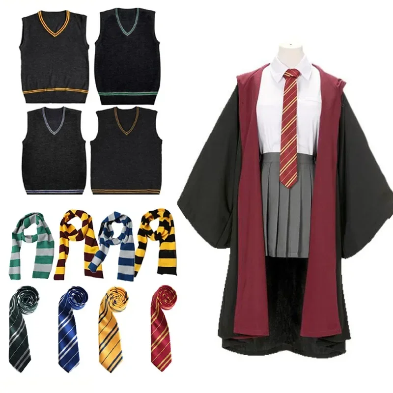 Disfraz de Harri Potters para adultos y niños, camisa de Gryffindors, vestido, capa, corbata, bufanda, varita, falda de Slytherin, regalo de Hermione para Halloween