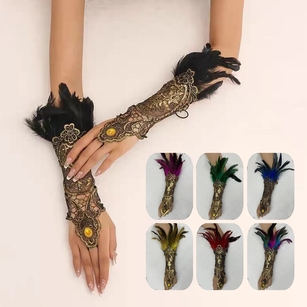 Gothic Style Feather Gloves Embroidery Hook Finger Gloves Costume Mesh Sleeve Halloween Stage Accessories Mittens Performing New