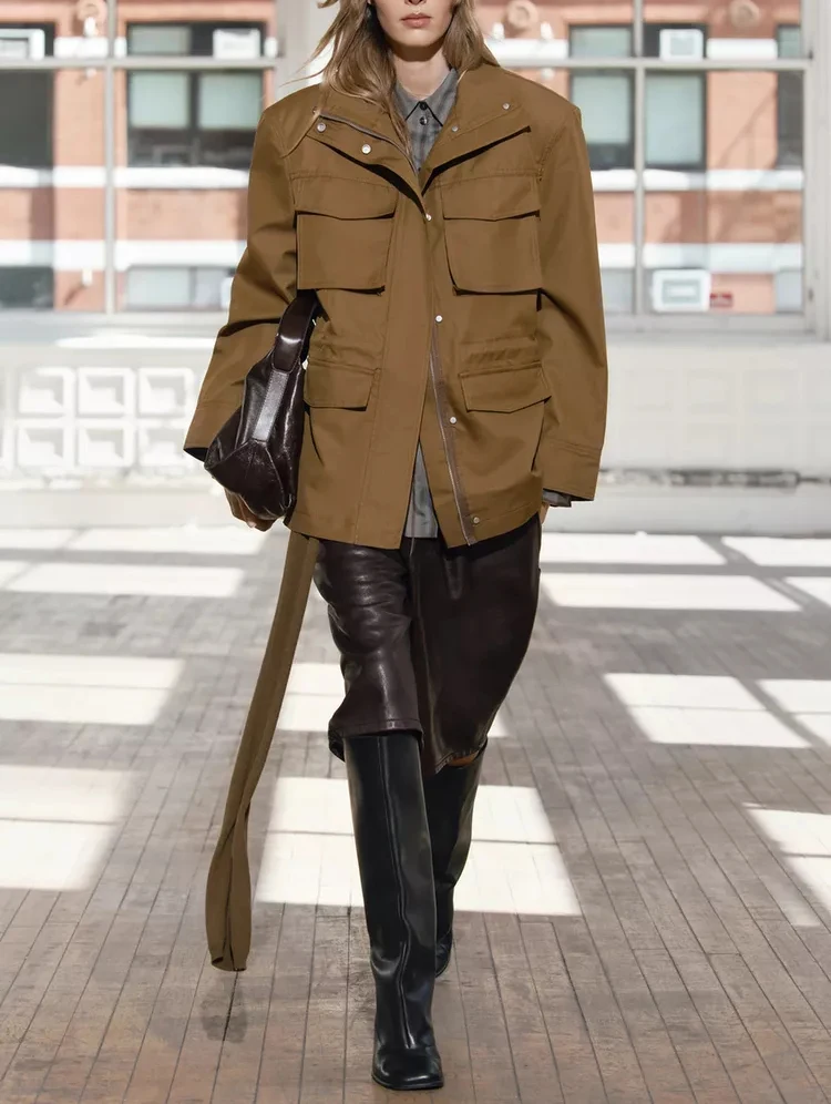 

Autumn Winter New Women's Workwear Jaet with Multiple kets High Collar Loose Long Sve Outerwear Commute Sle Zipper ...