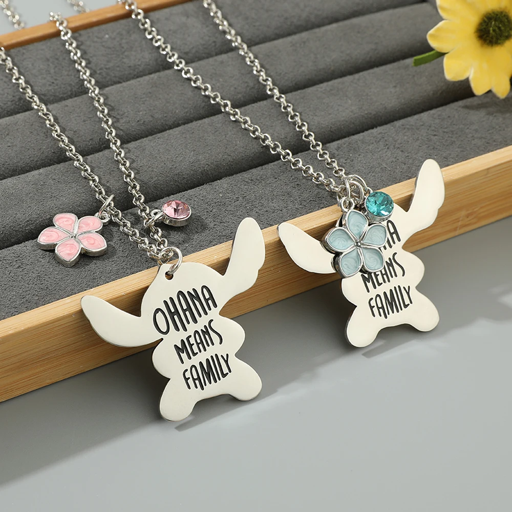 Cartoon Stitch Necklace Ohana Means Family Stainless Steel Pendant Necklace Crystal Classic Jewelry Gifts for Boys Girls