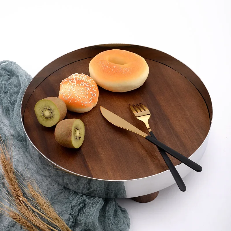 Luxury Nordic Decorative Plate Stainless Steel And Wood Walnut Fruit Storage Tray Candy Snack Trinket Dishes Lipstick Holder