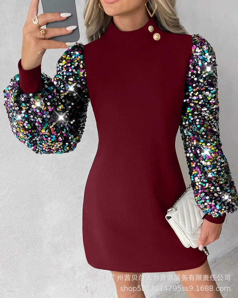 

Long Mini Dresses Fashion Sexy Sequin Long Sleeve Dress Women O-neck Casual Mini Slim Fits Black Elegants Dress