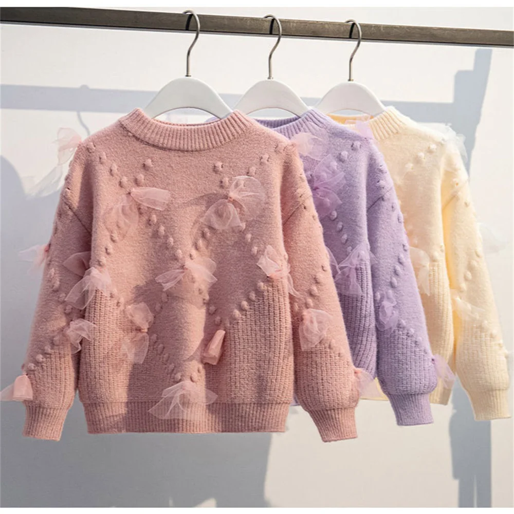 

Korean Girls Solid Color Warm Thick Sweaters Cute Bow Children Clothing Autumn Winter Baby Kids Sweet Princess Knitted Sweater