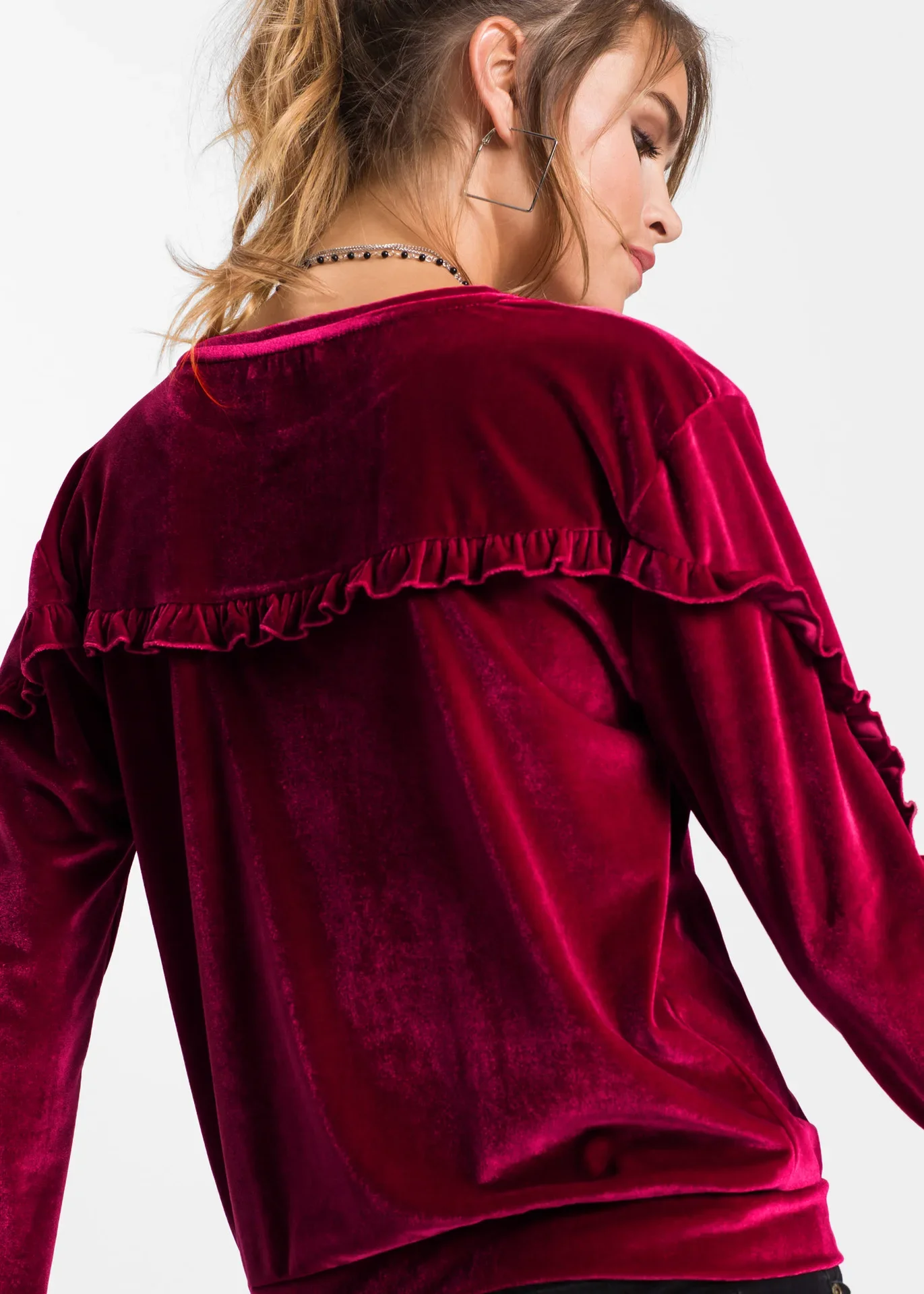 2024 New Fashion Velvet Top Round Neck Casual Versatile Autumn/Winter Top Gold Velvet Ruffle Edge Long Sleeve Sweater Sweater