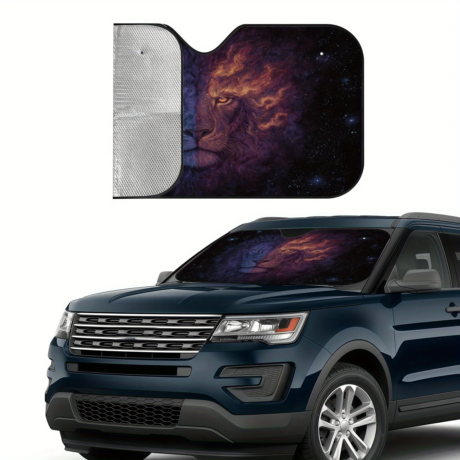 Illustration Of A Twin-Headed Lion With Star Flames For A Car Sunshade, Featuring A Cosmic Fantasy Style, Easy To Install And Du