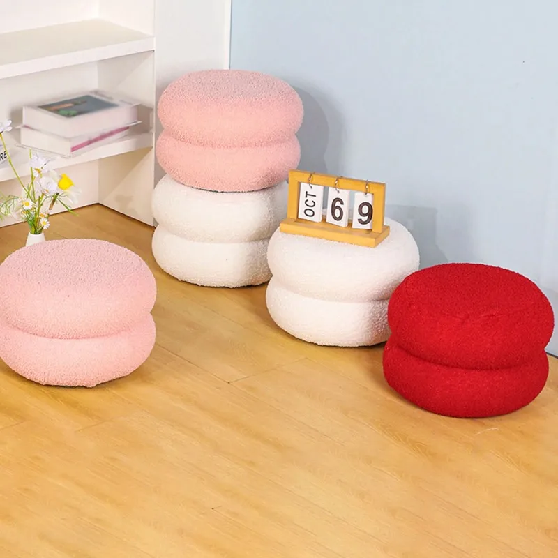 

Foot Stool Ottoman With Padded Seat Double Round Lamb Wool Shoe Changing For Home Living Room Stool