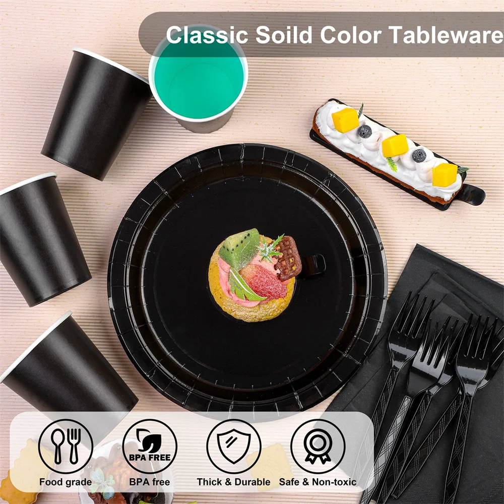 10pcs Disposable Paper Plates 7 Inch Dessert Plate Party Dinnerware Colorful Paper Tray Tableware Black Color Circular Plate