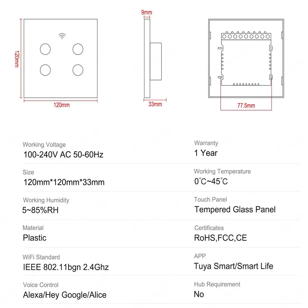 Tuya-インテリジェントタッチスイッチライト,wifi,4x4,中性線なし,rf433,オン/オフリモコン,Alexa, Google Home